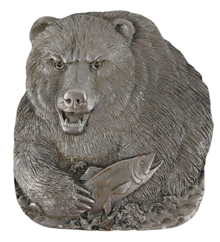 BERGAMOT Brass Works Bear Fish Belt Buckle Trout Fishing Silver Tone 1978