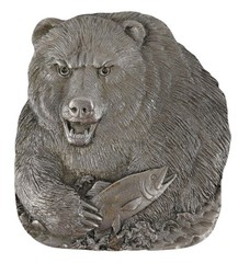 BERGAMOT Brass Works Bear Fish Belt Buckle Trout Fishing Silver Tone 1978