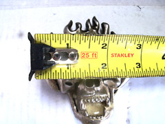 BELT BUCKLE, FLAMING SKULL, SILVER COLOR WITH CREAM ENAMEL