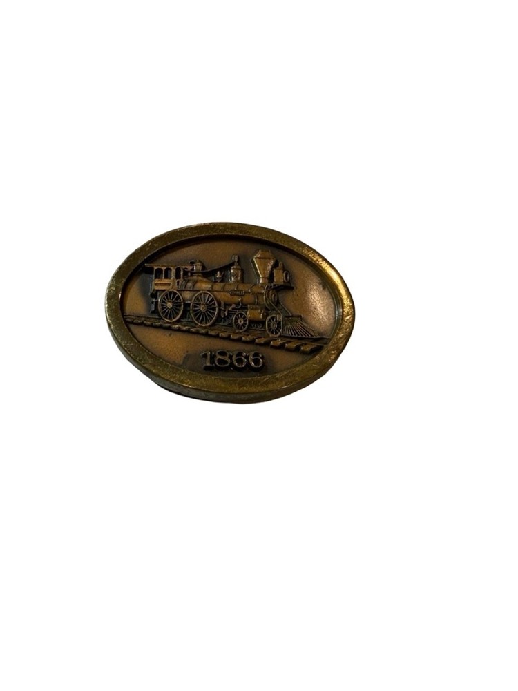 Vintage 1866 Train Locomotive Belt Buckle Jostens Brass Railroad Western
