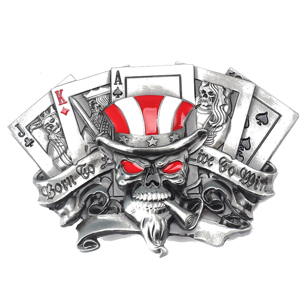 Skull and Poker Belt Buckle Western Cowboy Motorcyclist (PKR-04)