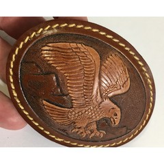Vintage Leather Belt Buckle Eagle Bird Tooled Brown Oval Western Cowboy Rodeo