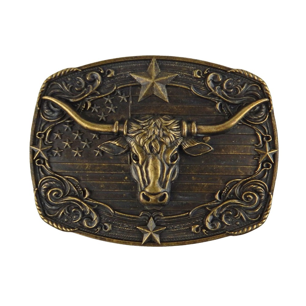American Flag Longhorn Steer Star Belt Buckle Antique Bronze Fits 1.5 inch Belts