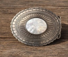 Genuine Mother of Pearl Shell Belt Buckle Silver Engraved Oval Fits 1.5 Belt