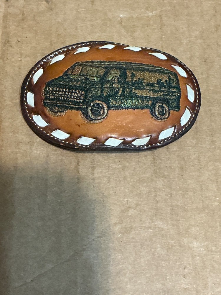 Used Hand Tooled Stitched Leather Tony Lama 1980’s Van Desert Motif Belt Buckle