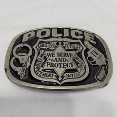 Police Belt Buckle We Serve & Protect Black Enamel Buckle Bakery 1988 Vintage