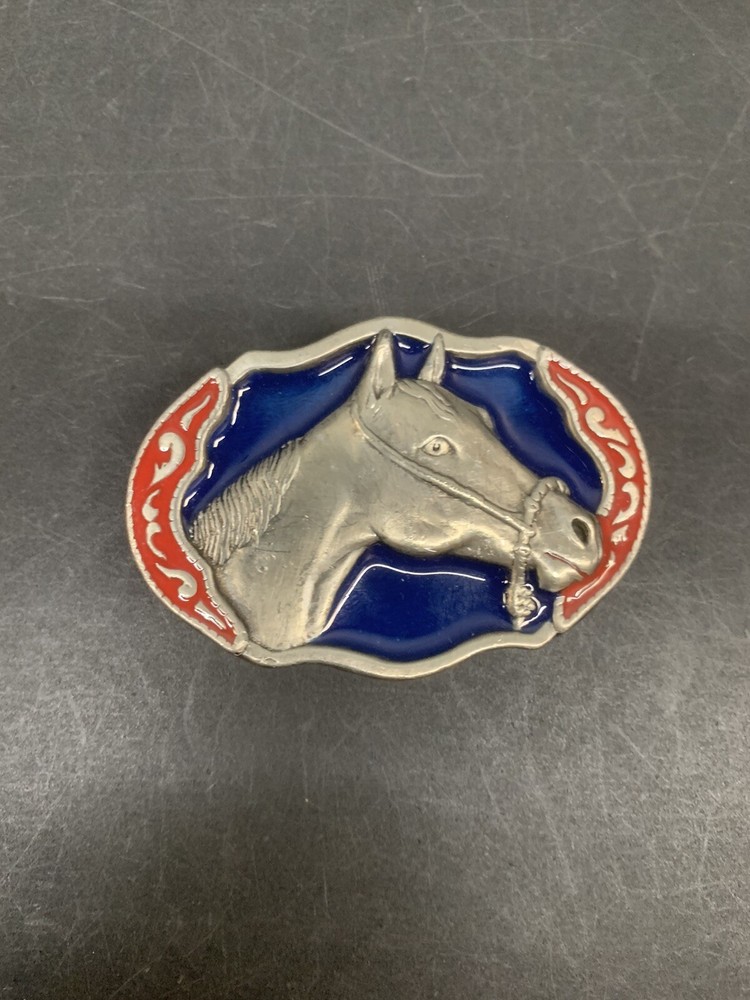 Western Horse Blue Ted Silver Metal Belt Buckle