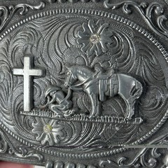 Western Floral Belt Buckle Praying Cowboy Kneeling at Cross Silver Tone Rodeo