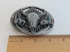 New Raised Steer Skull Belt Buckle Enameled South Western Metal Pewter Tone