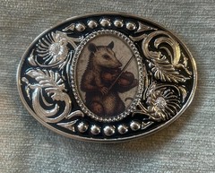 Western Fiddle Opossum Belt Buckle Silver Country Concert Cowboy Style