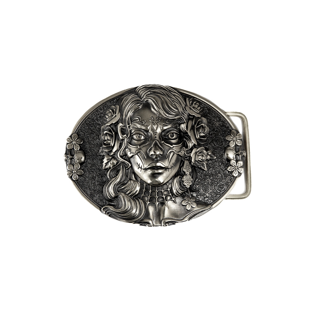 Sugar Skull woman german silver belt buckle, Santa Muerte Skull El Día de Muerte
