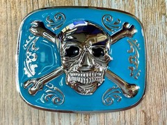 Jolly Roger Pirate Skull Head & Crossbones Blue Enamel Colored New Belt Buckle