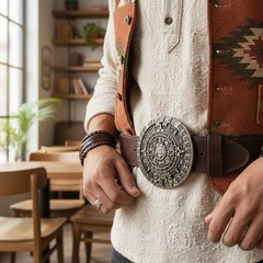 Men Women Belt Buckle Dark Silver Metal Western Aztec Calendar Mayan Biker