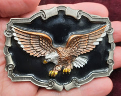 Vintage Open Wing Bikers Eagle Enameled Belt Buckle Scrolled background , 1983