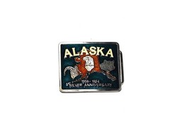 Vintage 1984 Alaska Silver Anniversary Belt Buckle Enamel Metal Bear Dall Sheep