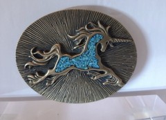 VINTAGE- BRASS ?TURQUOISE INLAY UNICORN BELT BUCKLE/RARE HALLMARK/GUCCi?/UNISEX