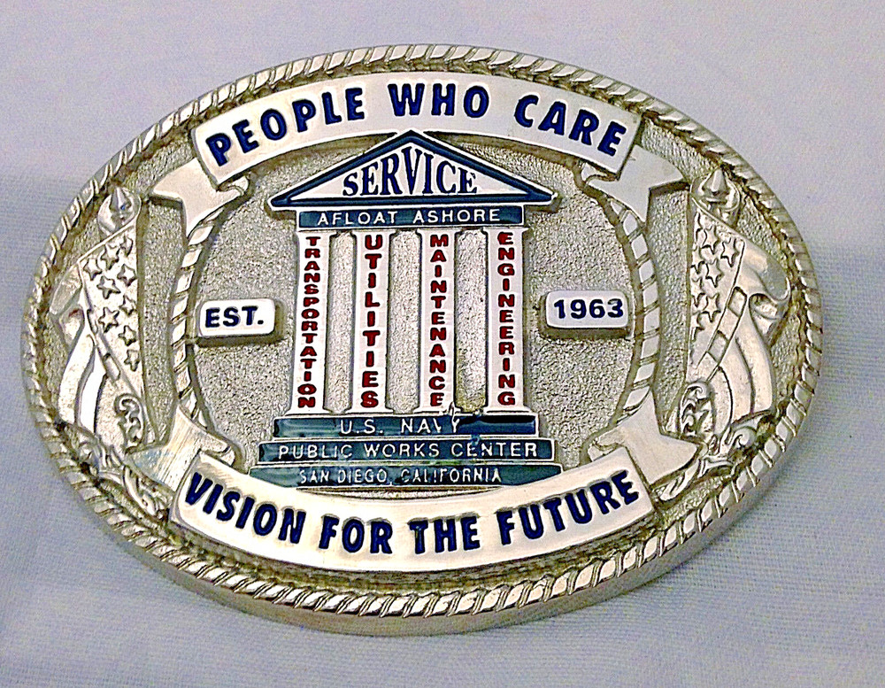U.S. Navy Public Works Center Belt Buckle (Solid Brass, Silver) Hand Painted