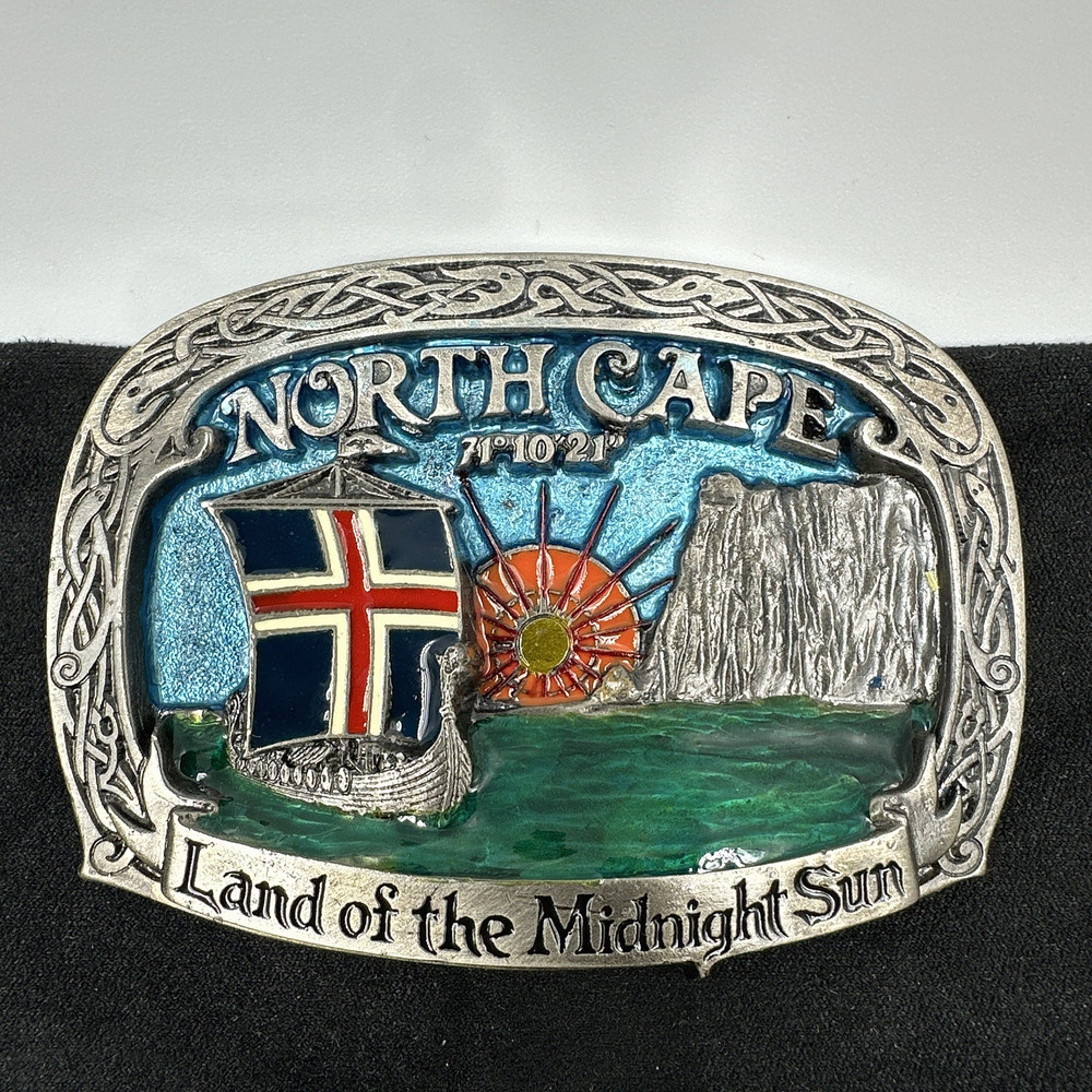 Vtg Tor Nordhus Belt Buckle North Cape Viking Ship Land Midnight Sun Norway &rsquo;91