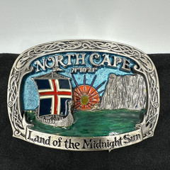 Vtg Tor Nordhus Belt Buckle North Cape Viking Ship Land Midnight Sun Norway &rsquo;91
