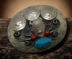 Vintage Buffalo Nickel Belt Buckle Turquoise Coral Southwestern Western Silver