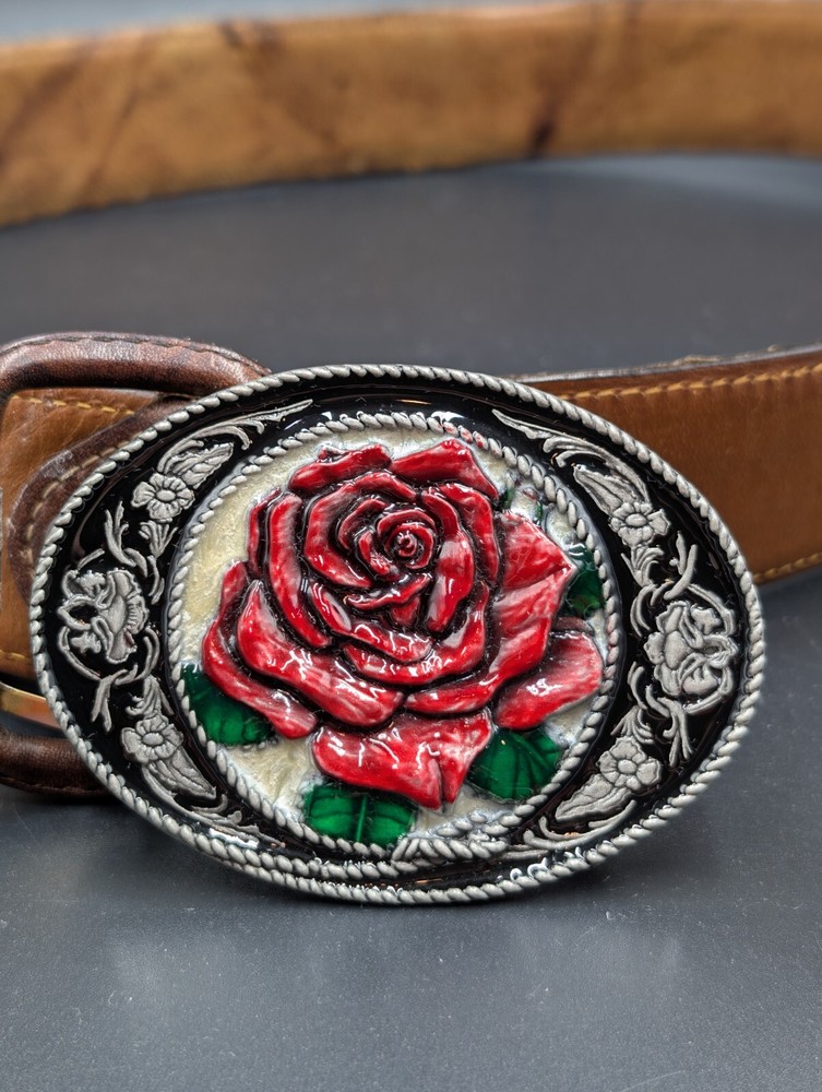 Vintage Siskiyou 1991 Pewter Belt Buckle Red Rose Enamel Ashland, Oregon