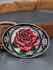 Vintage Siskiyou 1991 Pewter Belt Buckle Red Rose Enamel Ashland, Oregon