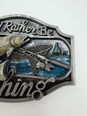 “I&rsquo;d Rather Be Fishing” Novelty Humor Belt Buckle Silver Tone Enamel Preowned