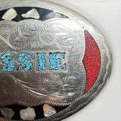 Vintage Western Oval Engraved Floral Belt Buckle w/ Inlay, “JESSIE” Fits 1.5 in