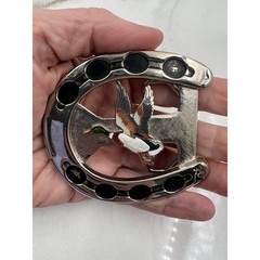 VTG Silver Tone Horseshoe Belt Buckle Mallard Duck Enameled Western Hunting