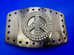 Peace Symbol Sign Rhinestone Bling Hole Border Hippy Silver Tone Belt Buckle
