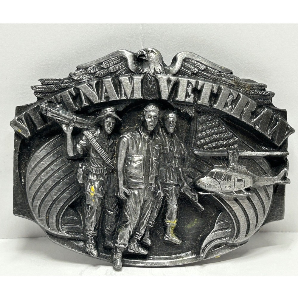 Vietnam Veteran Belt Buckle Eagle Soldiers Helicopter US Flag Made in USA