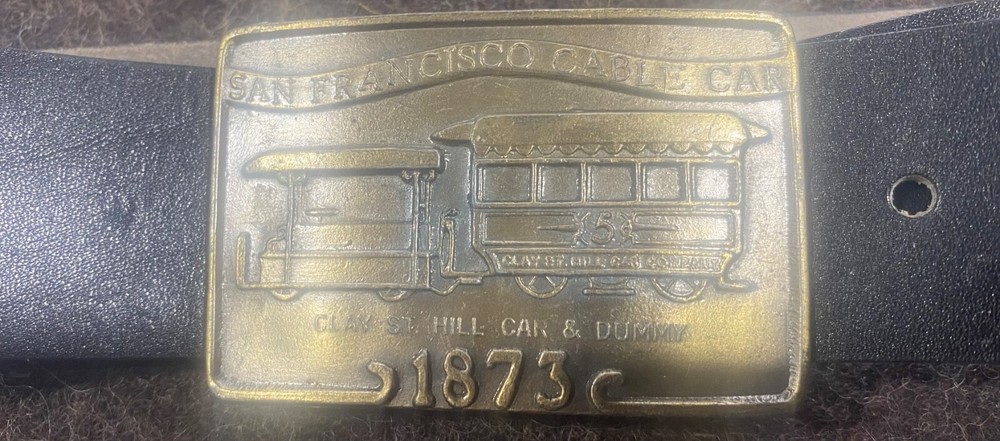SAN FRANCISCO CABLE CAR BELT BUCKLE AND LEATHER BELT. 32&Prime; -35&Prime;