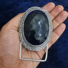 Blue Faceted Glass Gemstone Belt Buckle Handmade Vintage Style Silver Tone