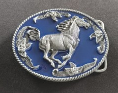 HORSE RUNNING GALLOPING WESTERN FLORAL FLOWER THEME DESIGN BLUE BELT BUCKLE