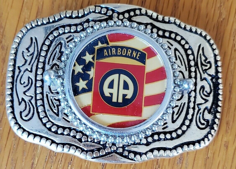 Mens Belt Buckle with Army 82nd Airborne Inlay – Silver Color buckle 3.5&Prime; x 2.5&Prime;