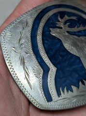 vintage ELK belt buckle HANDCRAFTED german silver WESTERN inlay ENGRAVED cowboy