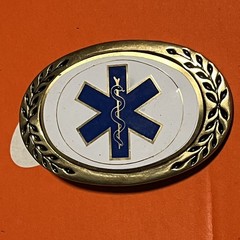 Vintage Solid Brass Star of Life EMS EMT Medical Belt Buckle Blue White Gold B21