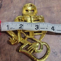 Skeleton Playing Guitar Belt Buckle Rhinestone Studded Gold Tone 4.5x 3.5 inches
