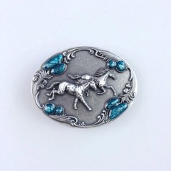 Vintage Silver Plated Western Horses Enamel Oval Belt Buckle Boucle de Ceinture