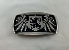 VTG Biker Rampant Lion Crest Shield Design Silver Black Enameled Belt Buckle