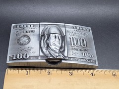 $100 Bill Benjamin Franklin Belt Buckle Combo With Hidden Flip Top Lighter New