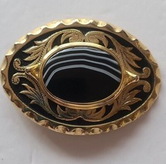 Gold Color Oval Western Black With White Stripes Gem Belt Buckle