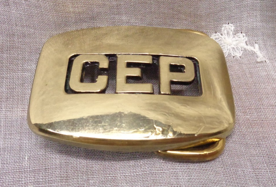 Vtg IMC Small Monogram Initial CEP Brass Belt Buckle 1-7/8&Prime; L x 1-3/8&Prime; H