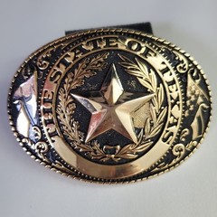 The State of Texas Belt Buckle Gold Tone Lone Star Seal Western Cowboy Large