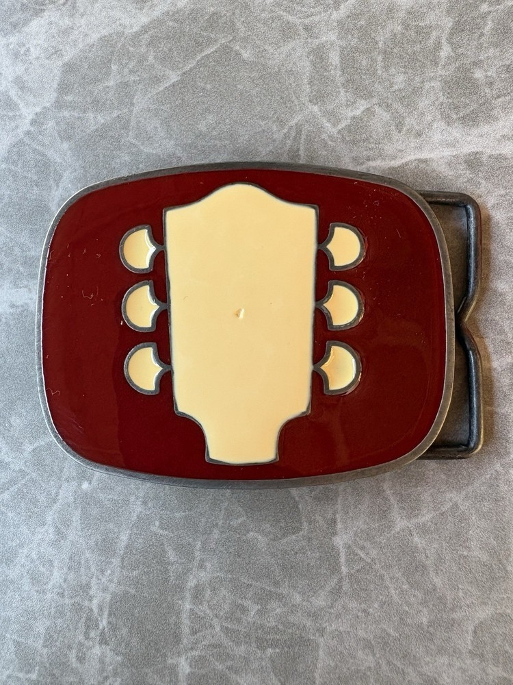 Vintage Guitar Headstock Belt Buckle Red Enamel Music Rock Roll Accessory
