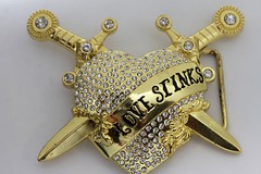 Men / Women Big Gold Metal Belt Buckle Heart Bling Silver Rhinestone Love Stinks