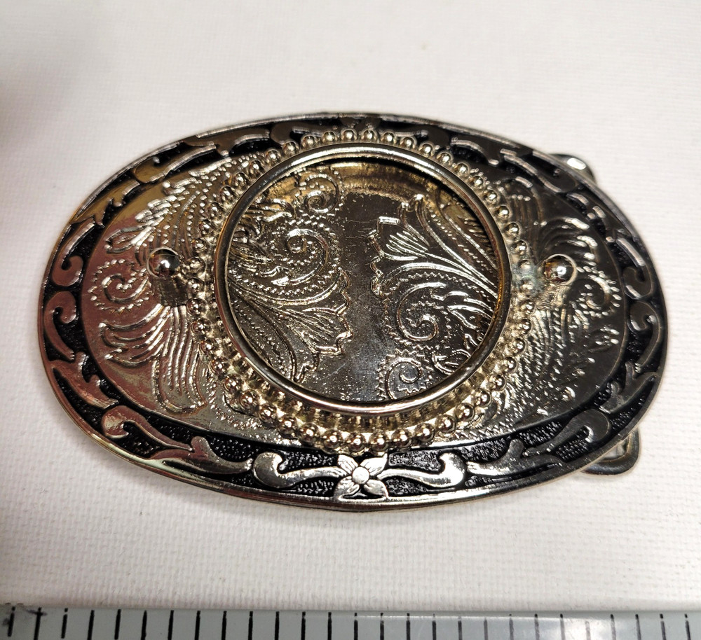 Vtg NOS Silver Dollar Coin Gem Stone Holder Bezel Belt Buckle Black Inlay Empty