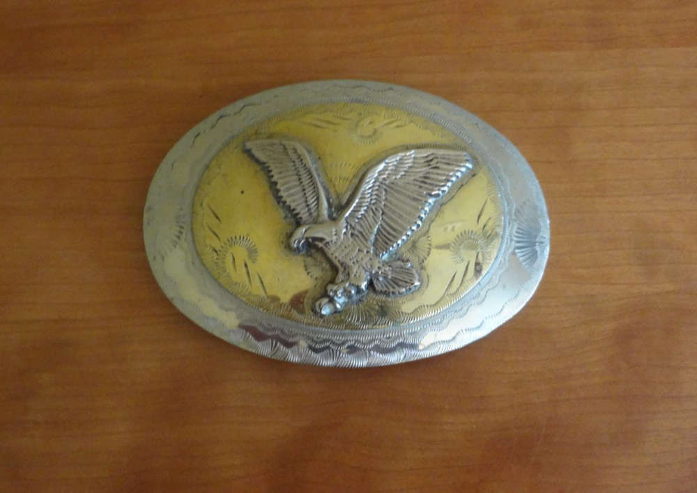 Vintage Handcrafted German Silver Two Tone Oval Metal Buckle with Eagle