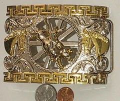 Vintage Metal Belt Buckle, Big Size, Brass and Silver, Bull Riding, Horses