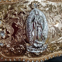 Virgen De Guadalupe Western belt Buckle Rosetone Silver Heavy Rhinestone accent
